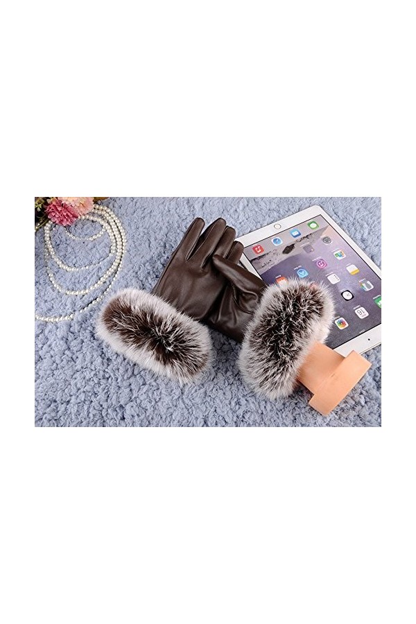 Gants de cyclisme dhiver pour femme - En cuir noir - Pour automne et hiver - Moufles en fourrure de lapin