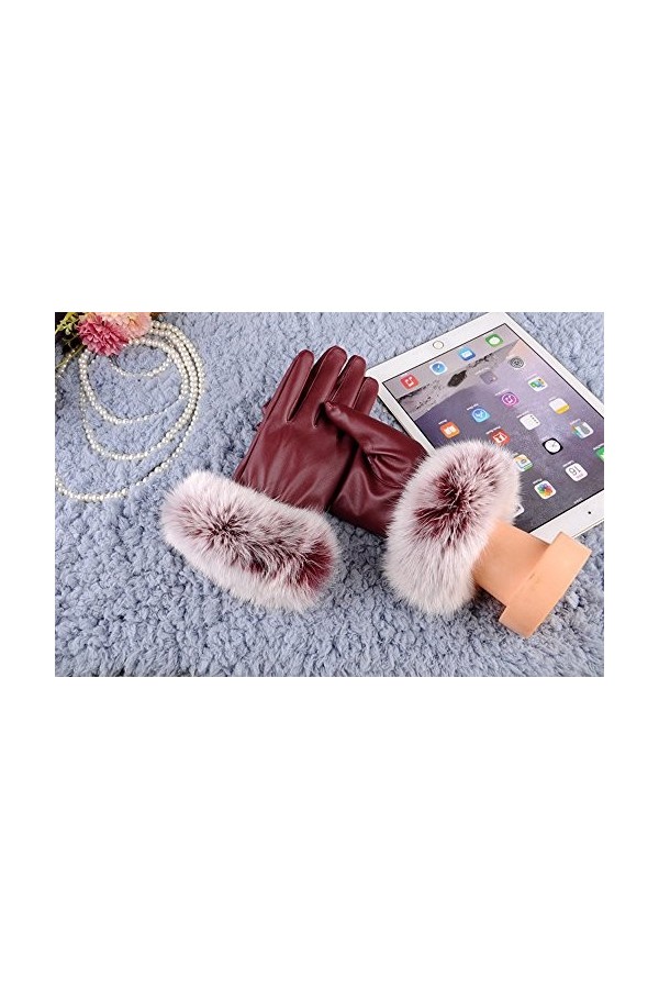 Gants de cyclisme dhiver pour femme - En cuir noir - Pour automne et hiver - Moufles en fourrure de lapin