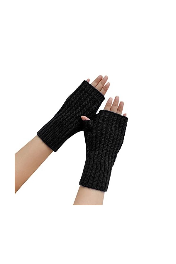 QWUVEDS Femme Automne et Hiver Couleur Unie Multicolore, Mitaines Tricotées Laine Mitaines sans Doigts Aspect Cuir B, One Si