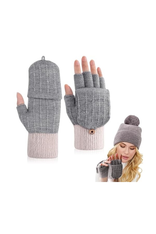 mizikuu Gants Convertibles Femmes, Mitaines sans Doigts Gants dhiver à Écran Tactile Femme et Homme Gants Tricoté Chauds Mit