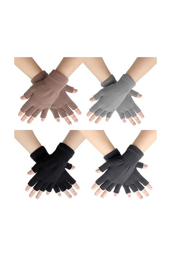 Scettar 4 Paires Demi-Doigts Gants, Gants sans Doigts dHiver, Gants en Tricot pour Hommes Femmes,Multicolore Gants, Mitaines