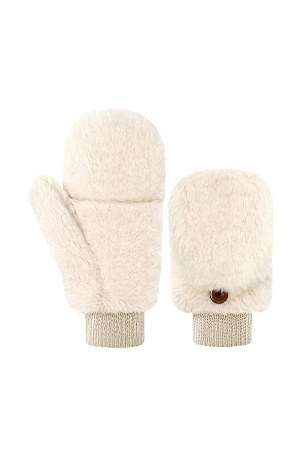 Geyoga Mitaines Convertibles en Fausse Fourrure Gants sans Doigts avec Couverture Demi-Doigts Gants avec Capuchon Blanc Beig