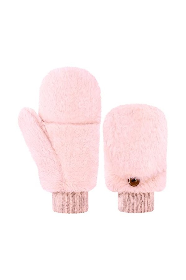 Geyoga Mitaines Convertibles en Fausse Fourrure Gants sans Doigts avec Couverture Demi-Doigts Gants avec Capuchon Blanc Beig