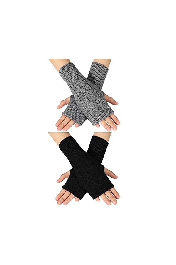 TAGVO Gants Sans Doigts Femme 2 Paires, Unisexes Demi Doigt Extensible Gants Tricotés avec Trou de Pouce, Mitaines Poignet Ga