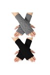 TAGVO Gants Sans Doigts Femme 2 Paires, Unisexes Demi Doigt Extensible Gants Tricotés avec Trou de Pouce, Mitaines Poignet Ga