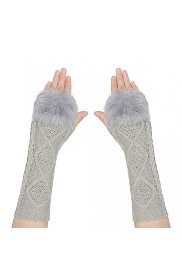 Elegants Gants en Tricoté avec Faux Lapin Fourrure Arm pour Femme Gants Sans Doigts Manchettes Longues Poignets avec Trou Mit