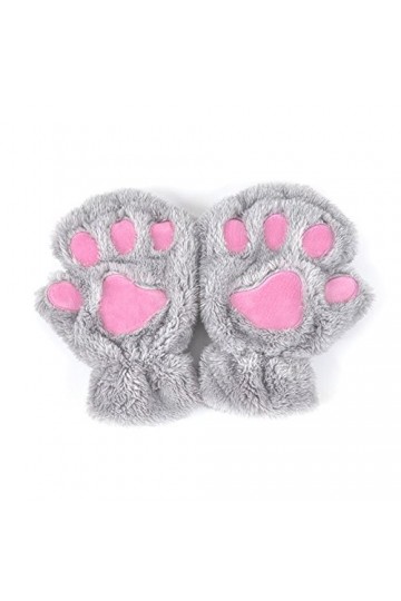 JAGENIE Winter Femme Cute Cat Paw Griffe en Peluche Moufles Courtes Mitaines Doigt moitié, Gris Clair, Reference Picture Or P