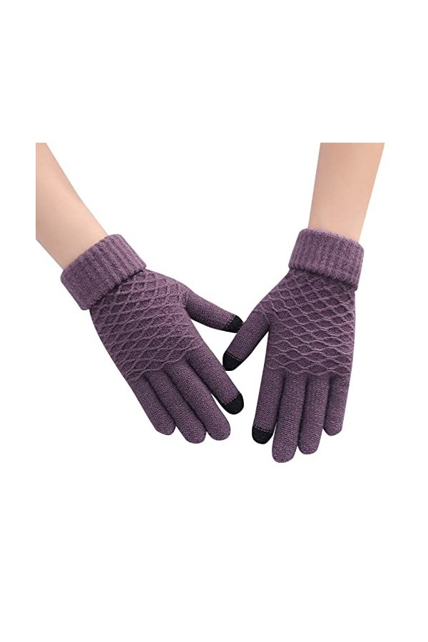 Keepwin Gants chauds et épais en tricot texturé à cinq doigts pour femme - Automne et hiver, violet, taille unique