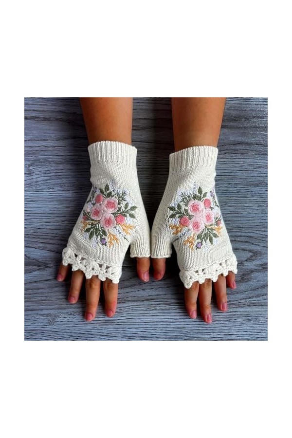 Gants mitaines combo avec poche pour femme Gants dhiver brodés à la main Gants tricotés Gants imitation dentelle Gants dhiv