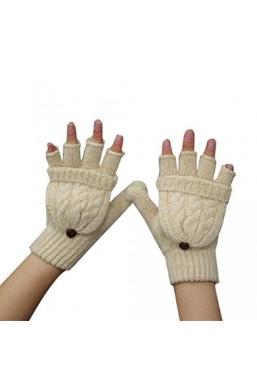 FSSTUD Fille Femme Arm Moufle Hiver Chaud Tricot Moitié Doigt Gants avec avec Mitaines Couverture Beige