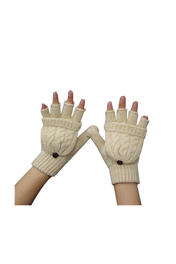 FSSTUD Fille Femme Arm Moufle Hiver Chaud Tricot Moitié Doigt Gants avec avec Mitaines Couverture Beige