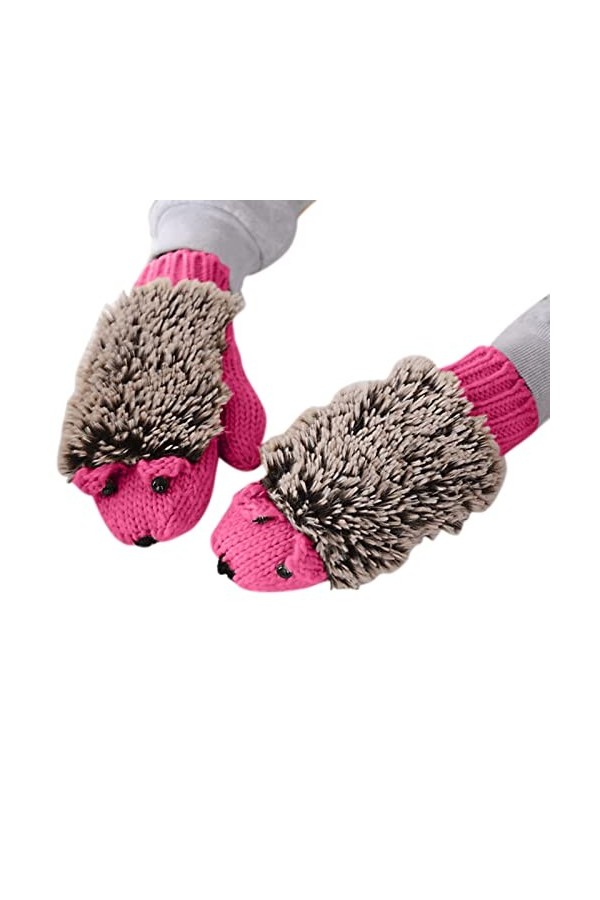 Gants dhiver tricotés chauds épais en coton polaire femmes dessin animé hérisson gants orthèse doigt, Rose chaud, taille uni