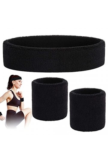Lot de 3 bandeaux de transpiration pour hommes et femmes, 1 bandeau de sport et 2 bracelets en tissu éponge, bande de poignet