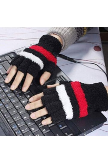 llio Gants sans Doigts Chauffants USB dhiver Unisexes Moufles chauffantes à Rayures en Peluche