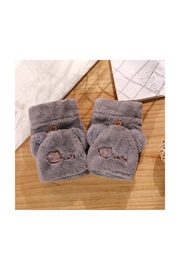 KieTeiiK Gants dhiver doux pour filles, moufles chaudes à rabat demi-doigts et doigts entiers, motif pattes de dessin animé,