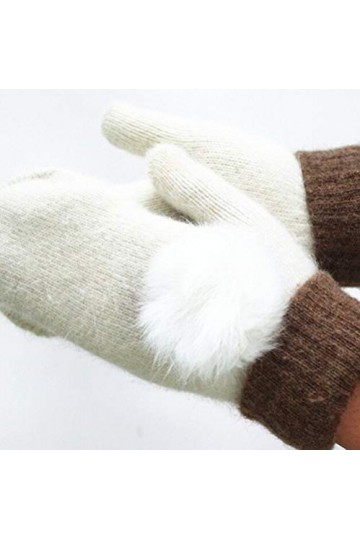MAPPE Femmes Gants dhiver Gants en Laine Tricotés Chaud pour Filles Véritable Lapin&nbsp;&nbsp;&nbsp;Pompon Moufles Gants sans Doigts, Blan