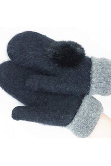 MAPPE Femmes Gants dhiver Gants en Laine Tricotés Chaud pour Filles Véritable Lapin&nbsp;&nbsp;&nbsp;Pompon Moufles Gants sans Doigts, Noir