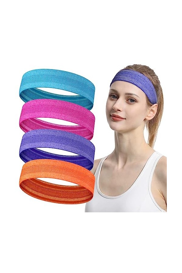 LOPHE Bandeaux de Sport, 4PCS Elastique Bande de Cheveux Large Headband Bandeau de Sport Yoga Course, Bandeau Cheveux Femmes 
