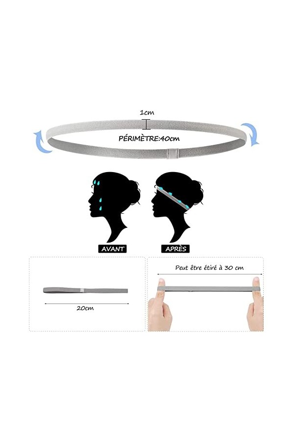 VEGCOO 8 PCS Bandes de Sport Élastiques Antidérapantes, Bandeau Cheveux pour Femmes et Hommes, Bandeau Fin Cheveux pour Yoga/