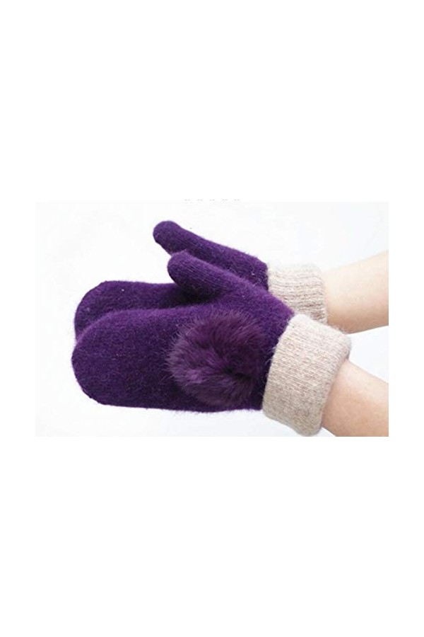 MAPPE Femmes Gants dhiver Gants en Laine Tricotés Chaud pour Filles Véritable Lapin&nbsp;&nbsp;&nbsp;Pompon Mitaines Gants sans Doigts, Vio