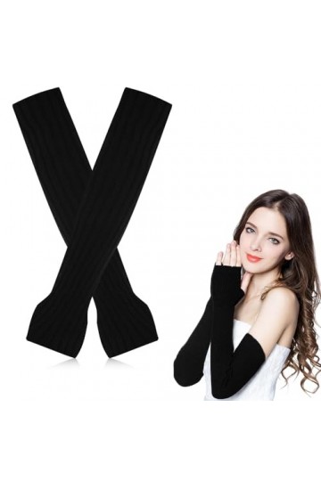 Aoreun Gants Longs sans Doigts, Gant Long sans Doigts Chauffe-Bras Tricot avec Trou de Pouce, Extensible Tricotés Hiver Mitai