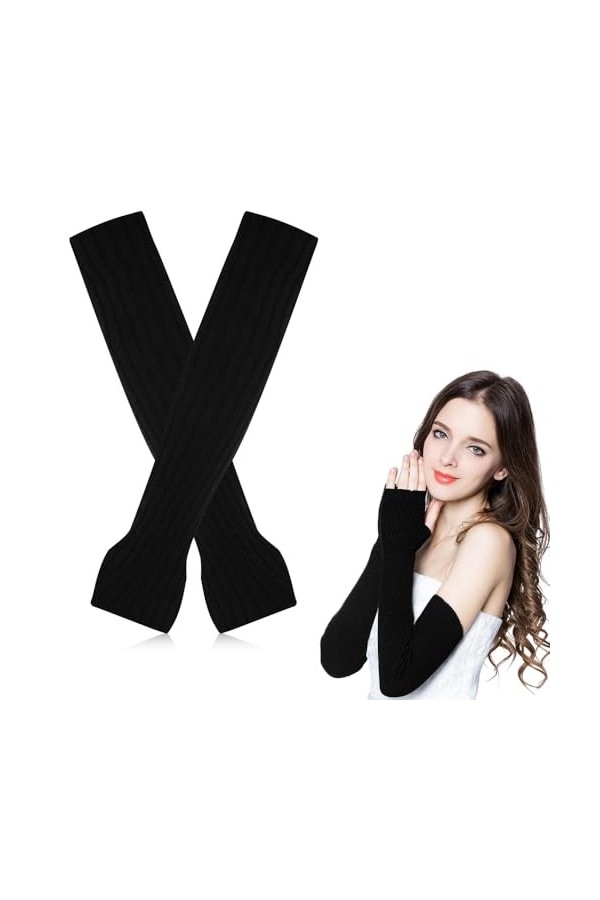 Aoreun Gants Longs sans Doigts, Gant Long sans Doigts Chauffe-Bras Tricot avec Trou de Pouce, Extensible Tricotés Hiver Mitai