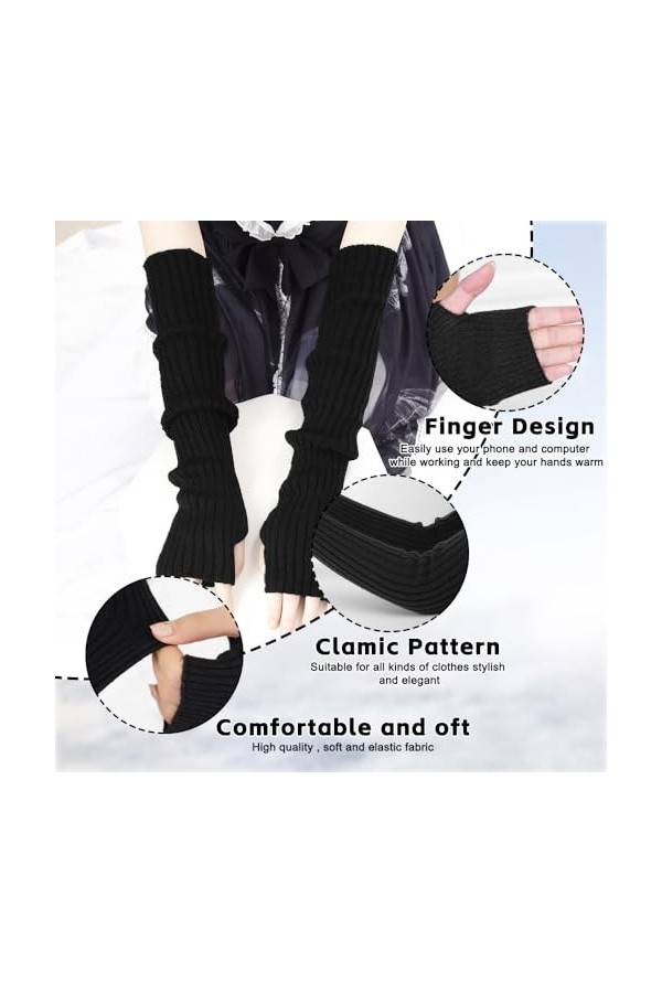 Aoreun Gants Longs sans Doigts, Gant Long sans Doigts Chauffe-Bras Tricot avec Trou de Pouce, Extensible Tricotés Hiver Mitai