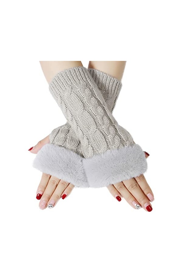 Bienvenu Mitaines tricotées pour femme, manchettes avec fausse fourrure, mitaines dhiver - gris - taille unique