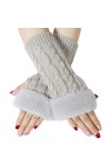 Bienvenu Mitaines tricotées pour femme, manchettes avec fausse fourrure, mitaines dhiver - gris - taille unique
