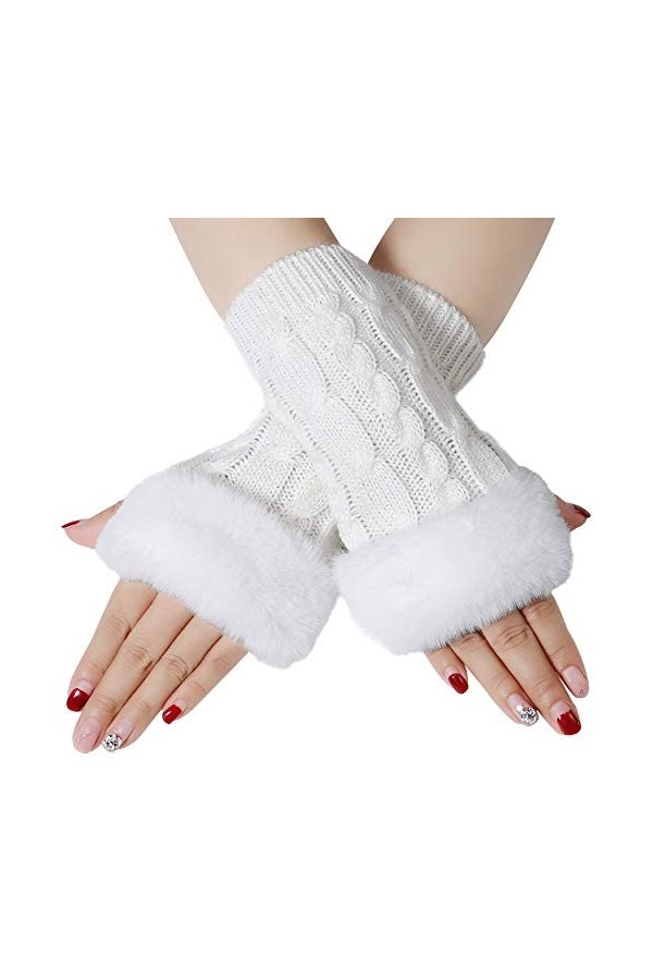 Bienvenu Mitaines tricotées pour femme, manchettes avec fausse fourrure, mitaines dhiver - gris - taille unique