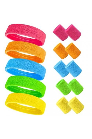 UQTUKO Bandeau de Sport, 15 pièces Ensemble Bandeau et Serre-Poignets Bandeaux Sport Fluo Anti-Transpiration Bandeau Année 80