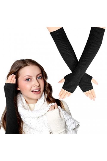 Gants Bras sans Doigts en Cachemire Laine avec Trou de Pouce Noir 