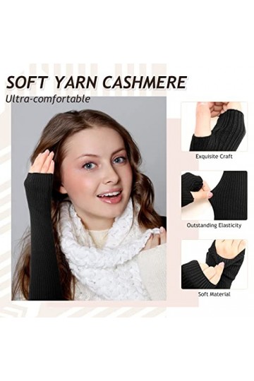 Gants Bras sans Doigts en Cachemire Laine avec Trou de Pouce Noir 