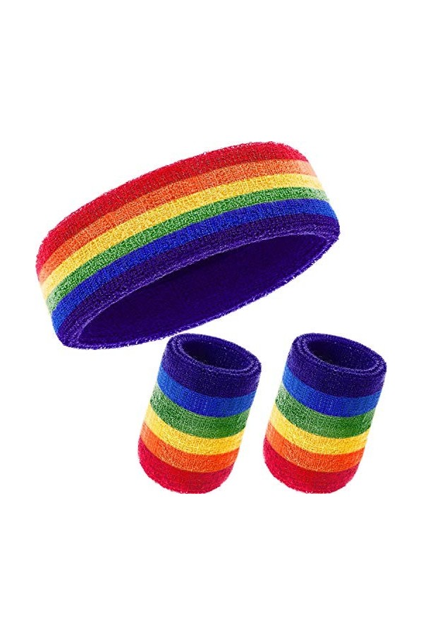 3 Pièces Bandes de Transpiration Set, Comprenant Bandeau de Sport et Bandeau de Poignet Bande de Transpiration Rayée en Coton