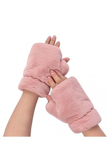 JIAHG Femmes Moufle Demi-Doigts Duvet de Lapin Imitation Hiver Gants Demi-Doigts Doublure en Polaire Doux Chaud Gants dHiver