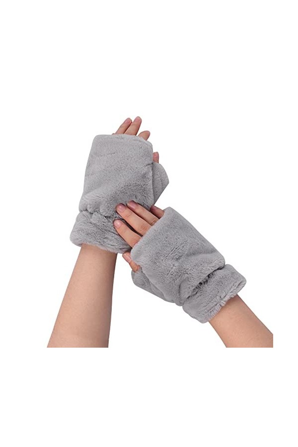 JIAHG Femmes Moufle Demi-Doigts Duvet de Lapin Imitation Hiver Gants Demi-Doigts Doublure en Polaire Doux Chaud Gants dHiver