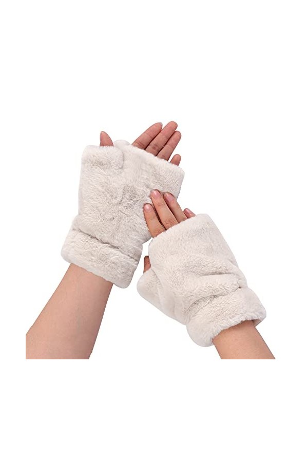 JIAHG Femmes Moufle Demi-Doigts Duvet de Lapin Imitation Hiver Gants Demi-Doigts Doublure en Polaire Doux Chaud Gants dHiver