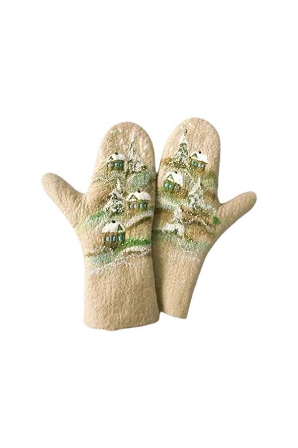 bobeini Femmes Gants Faux Cachemire Maisons De Paysage De Noël Arbre Imprimé Moufles Chaudes Kaki