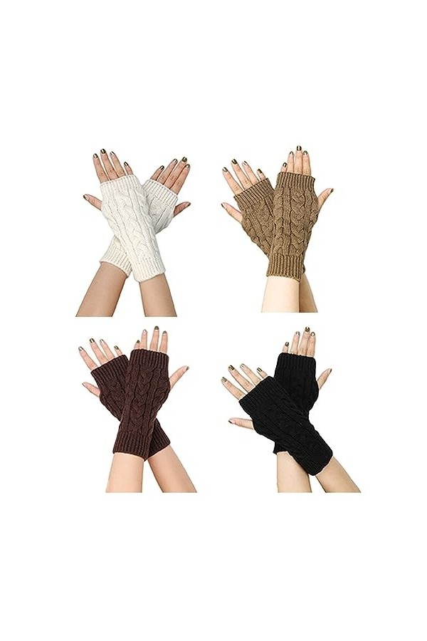 BYNYXI 4 Paires de Gants Tricotés sans Doigts, Manchettes Femme Hiver Automne Gants Demi-doigts Chauffe-poignets Moufles Chau