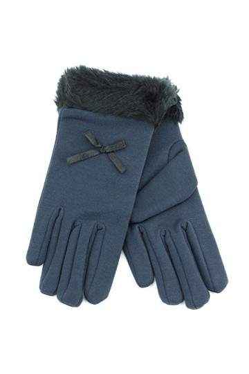 Gants pour femme avec bordure en fausse fourrure et nœud - Bleu - taille unique