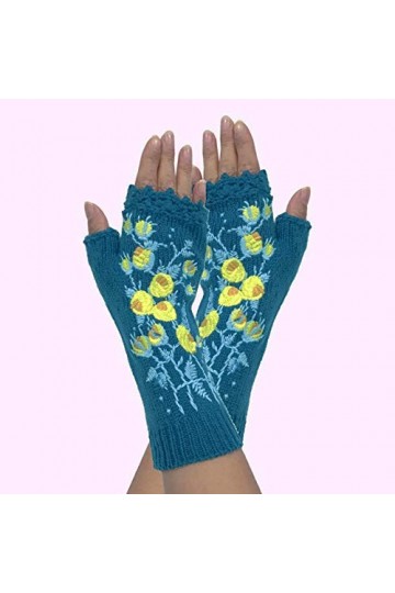 Mitaines Faites À La Main pour Femmes Automne Fleur Chaud Laine Tricoté Gants dhiver Demi Doigt Broderie Gants, Cyan-Bleu