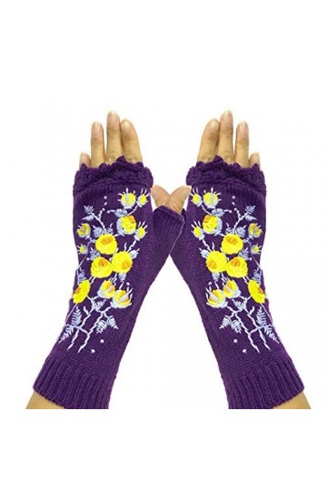 Mitaines À La Main pour Femmes Automne Fleur Chaud Laine Tricoté Gants dhiver Demi-Doigt Broderie Gants, Violet