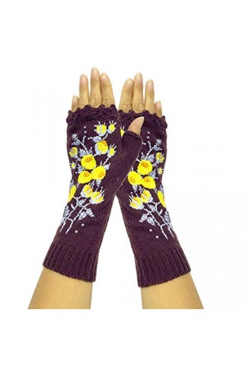 Mitaines À La Main pour Femmes Automne Fleur Chaud Laine Tricoté Gants dhiver Demi Doigt Broderie Gants, Marron