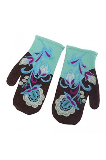 IOOOFU Femmes Hiver Cachemire Chaud Gants Doigts Complets Moufles De Broderie Florale - Cyan