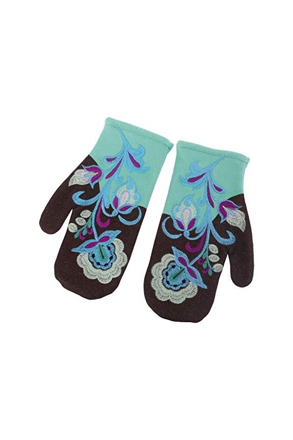 IOOOFU Femmes Hiver Cachemire Chaud Gants Doigts Complets Moufles De Broderie Florale - Cyan