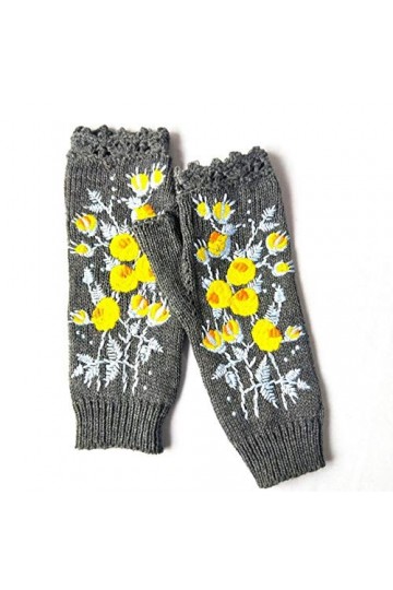 Mitaines À La Main pour Femmes Automne Fleur Chaud Laine Tricoté Gants dhiver Demi-Doigt Broderie Gants, Gris
