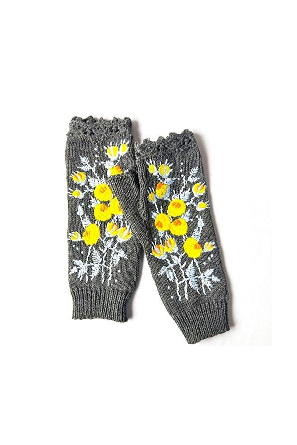 Mitaines À La Main pour Femmes Automne Fleur Chaud Laine Tricoté Gants dhiver Demi-Doigt Broderie Gants, Gris