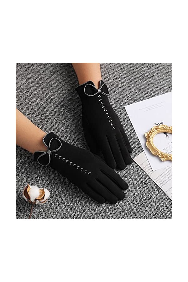KhG387 Gants chauds en polaire pour femme avec nœud mignon et antidérapant Noir Taille unique, Noir , Taille Unique