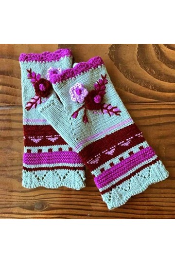 MAPPE Femmes Chaud Tricot Crochet À La Main Jacquard Tricoté Demi-Doigt Gants dhiver Mitaines À La Main Fleur Broderie Gants