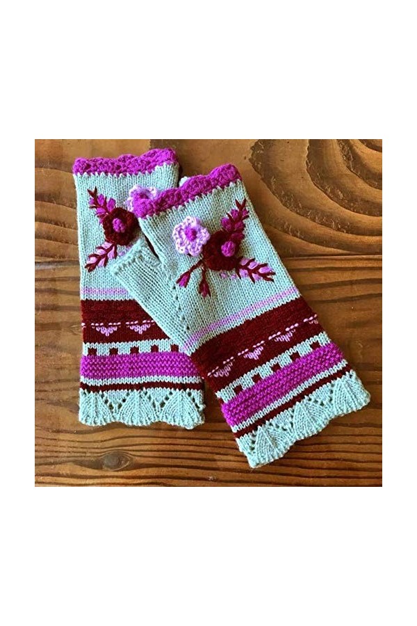 MAPPE Femmes Chaud Tricot Crochet À La Main Jacquard Tricoté Demi-Doigt Gants dhiver Mitaines À La Main Fleur Broderie Gants